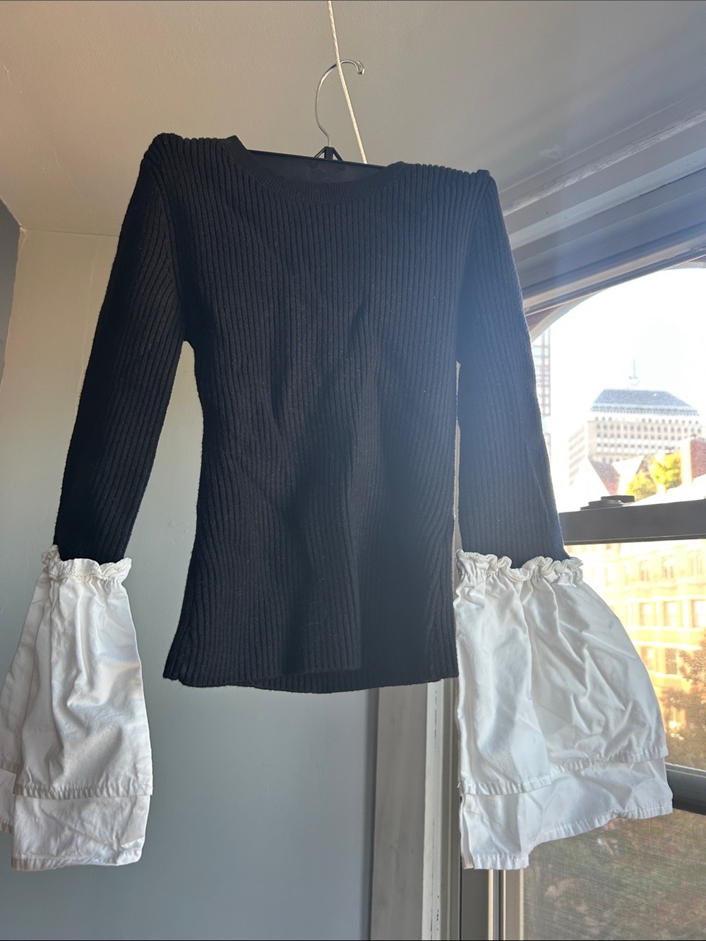 Maeve Black Ribbed Sweater with White Statement Bell Sleeves